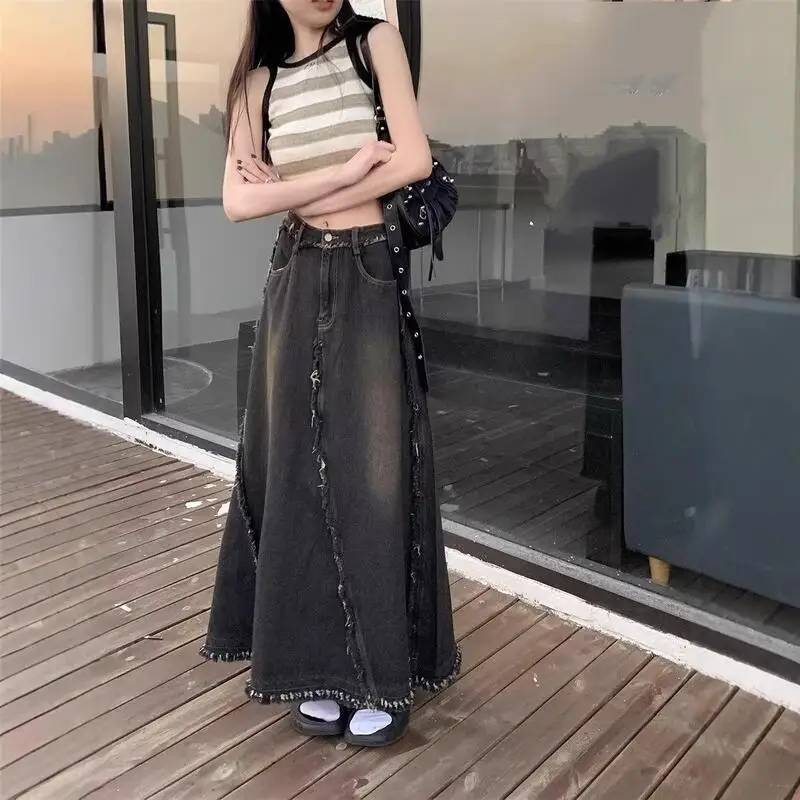 

Горячая новинка 2026: Весенне-летняя женская джинсовая юбка миди в корейском стиле, модная универсальная джинсовая юбка А-силуэта с бахромой