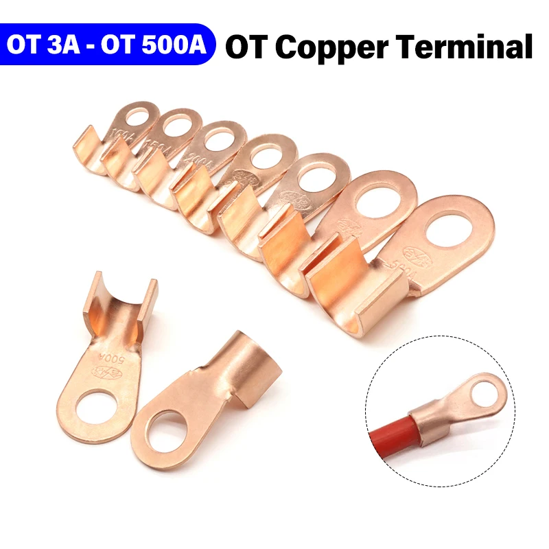 5/10Pcs OT Copper Terminal OT 3A - OT 500A Non-Insulated Cable Connector Bare Electrical Wire Lug Battery Ring Crimp Terminals