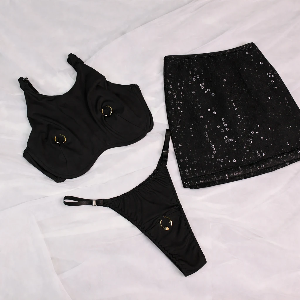

Sexy Metal Ring Bikini With Sequin Skirt Women 3Pcs Swimwear Fashion Lady Adjustable Biquini Swimsuit Mujer Bathing Suit Outfit