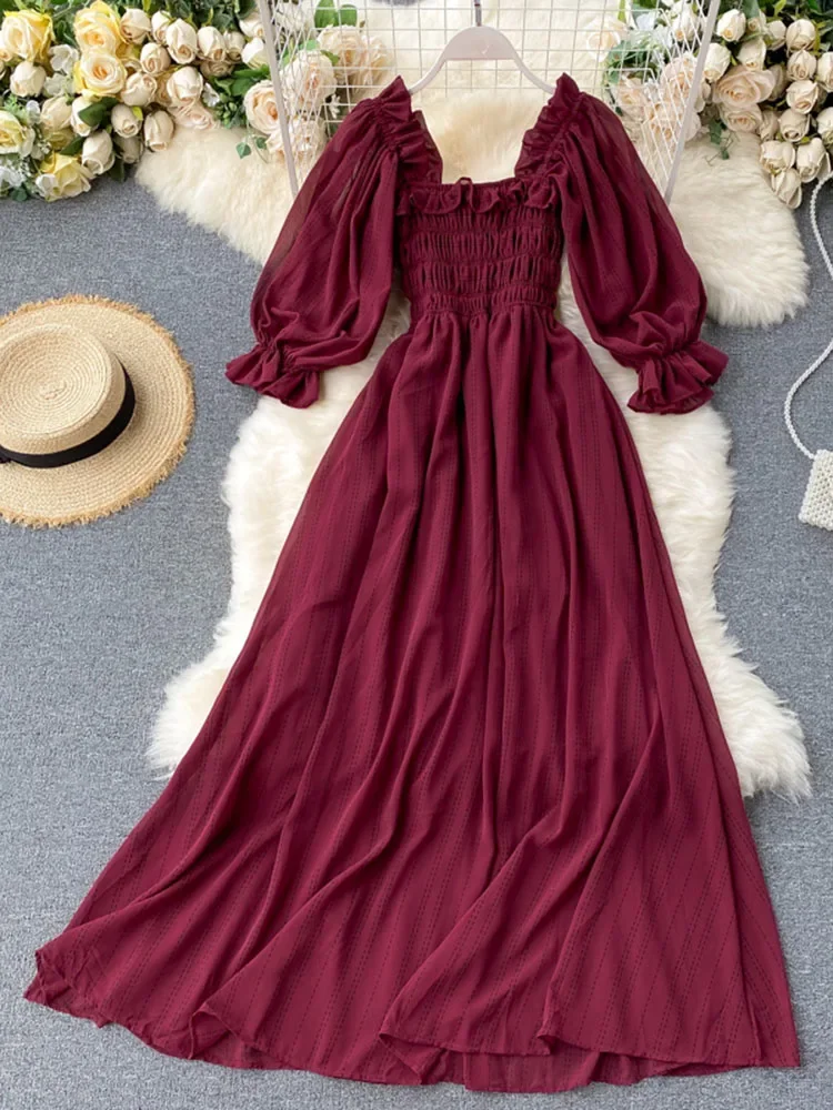 Summer Women\'s Dress New Square Collar Wooden Ear Bubble Sleeve Dress Korean Style Waist Slim Chiffon Female Dresses GX087