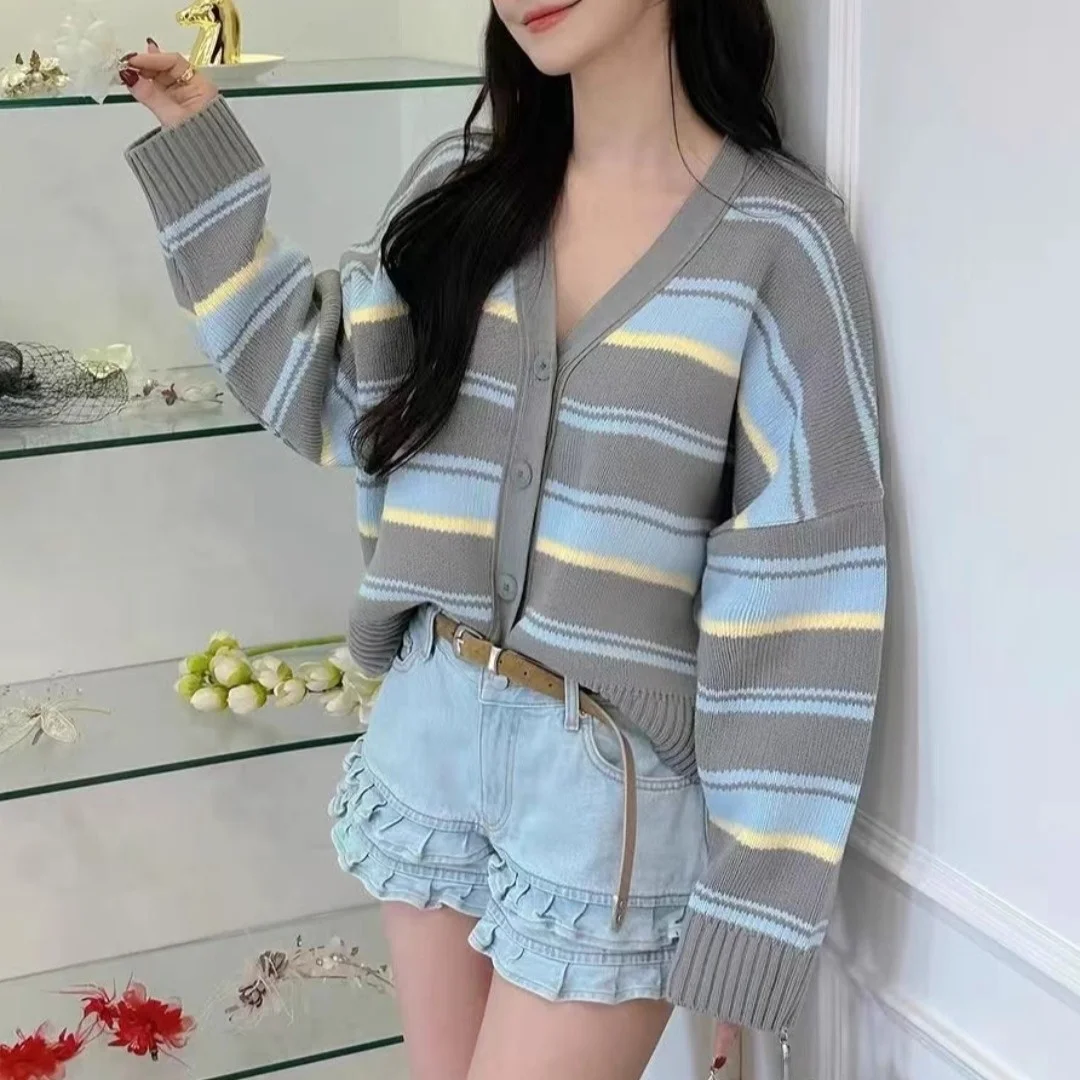 Damski sweter dzianinowy Thiened, luźny krój, jesień-zima, nowość, Dongda Gate, poziome paski, odzież wierzchnia, top.