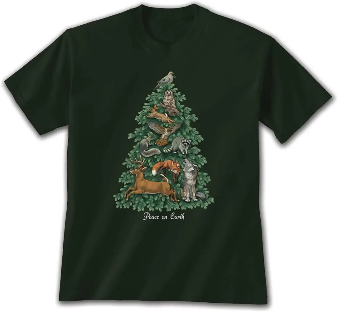 Woodland Animal Tree T-Shirt, Forest Green  High Quality 100%Cotton Short Sleeve