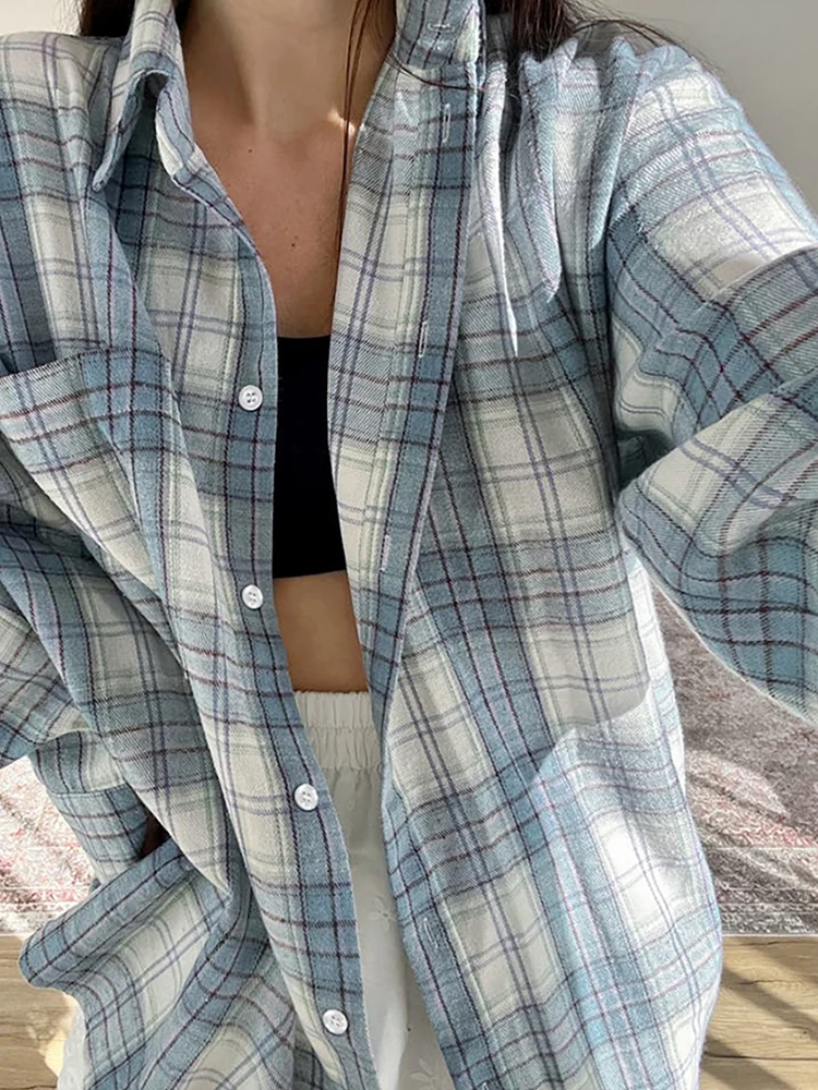 2026 Women Autumn Winter Long Sleeve Blue Plaid Shirt Vintage Oversized Loose Fit Blouse For Woman