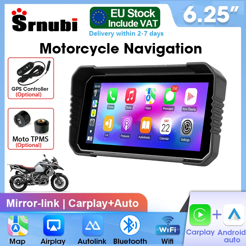 Srnubi Radio de navigation universelle pour moto 6,25 pouces CarPlay Android Auto Heltem Bluetooth Tableau de bord numérique portable pour moto avec télécommande TPMS