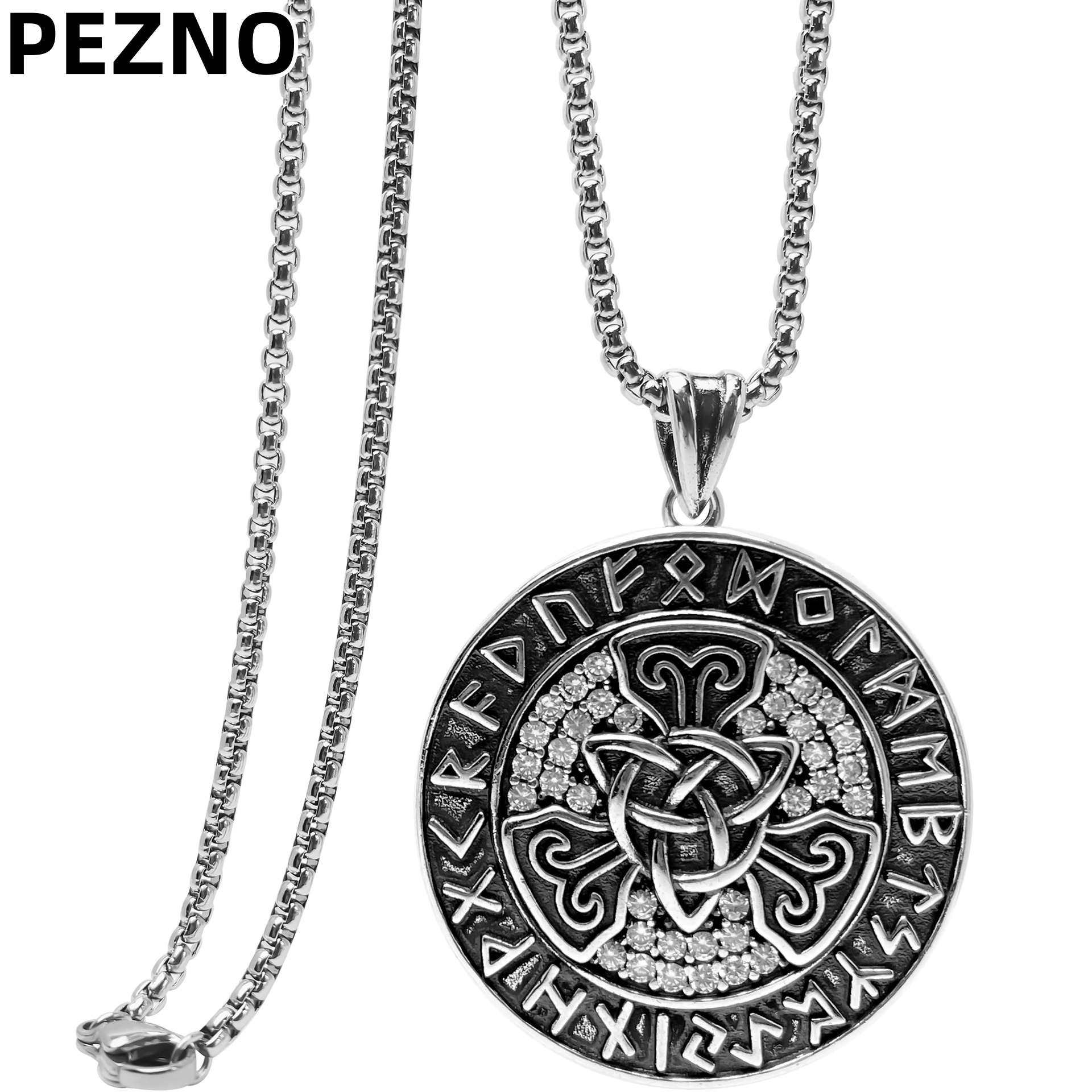 

PEZNO Viking Celtic Knot Rune Necklace Stainless Steel Cubic Zirconia Pendant Amulet for Men Nordic Jewelry Gift