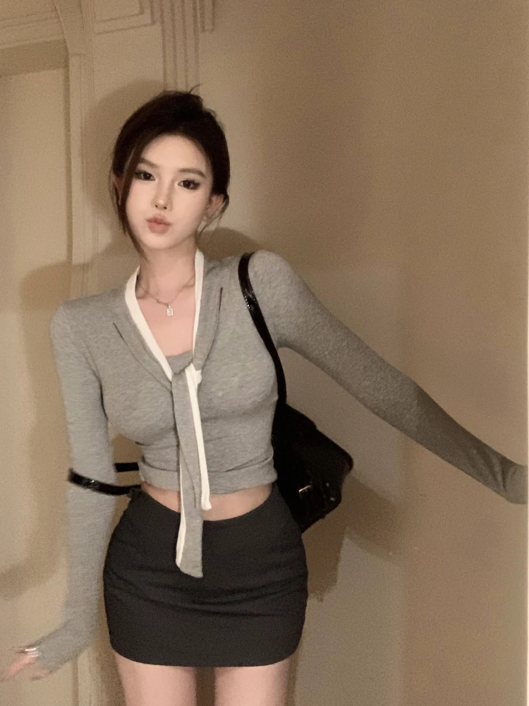 Chic Patchwork Lace-up Long Sleeve T-shirts Women Fashion Low Cut Sexy Hot Sweet Young Popular All-match Soft Tops Ladies Ins BF