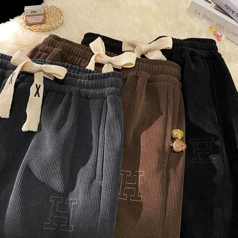 Corduroy Baggy Sweatpants for Men Letter Print Straight-Leg Pants Streetwear Harajuku Trousers Elastic Waist Sports Jogger Pants