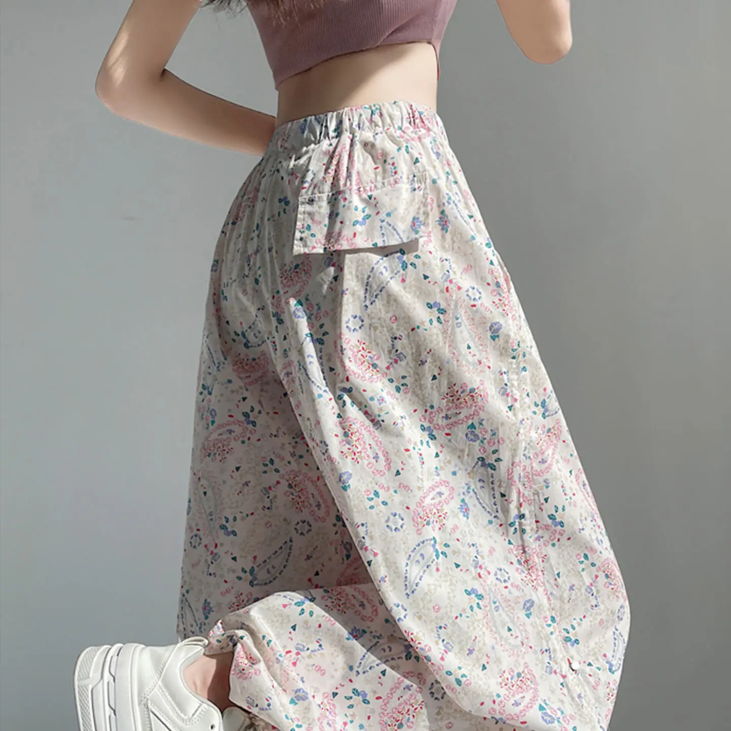 Retro Floral Ice Silk Quick Drying Pants For Women Summer Lightweight Ankle Tied Printed High Waisted Loose Sweet Sports Pants
