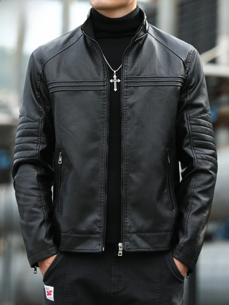 

Мужская приталенная куртка из искусственной кожи с воротником-стойкой, модная винтажная верхняя одежда для мужчин среднего возраста на весну-осень