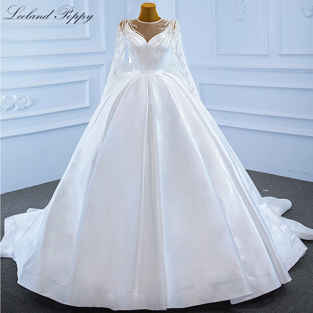 Lceland Poppy Customized Ball Gown Satin Wedding Dresses Floor Length Beaded Lace Bridal Gowns with Bow Knot