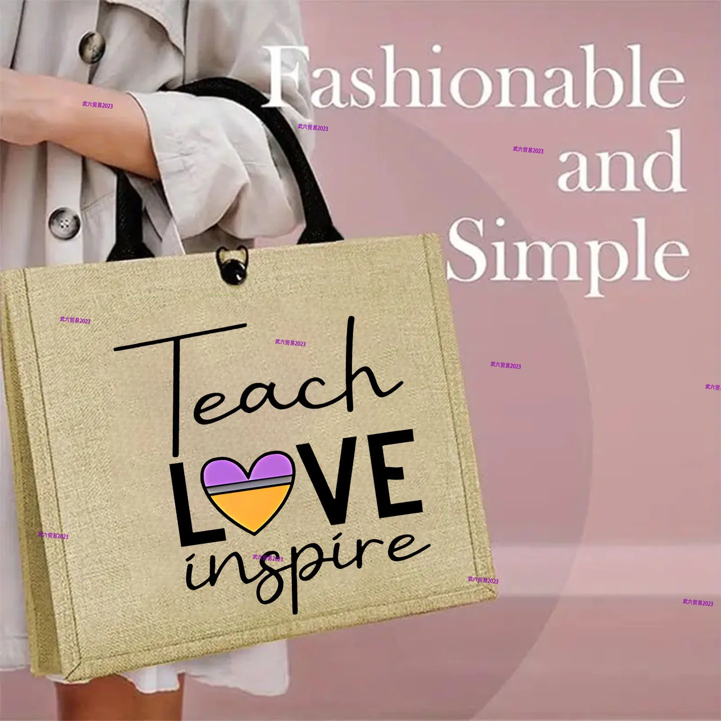 European and American Popular Simple Linen Bag Teachers' Day Cure Printing, Large-capacity Shopping Class Dual-purpose Bag