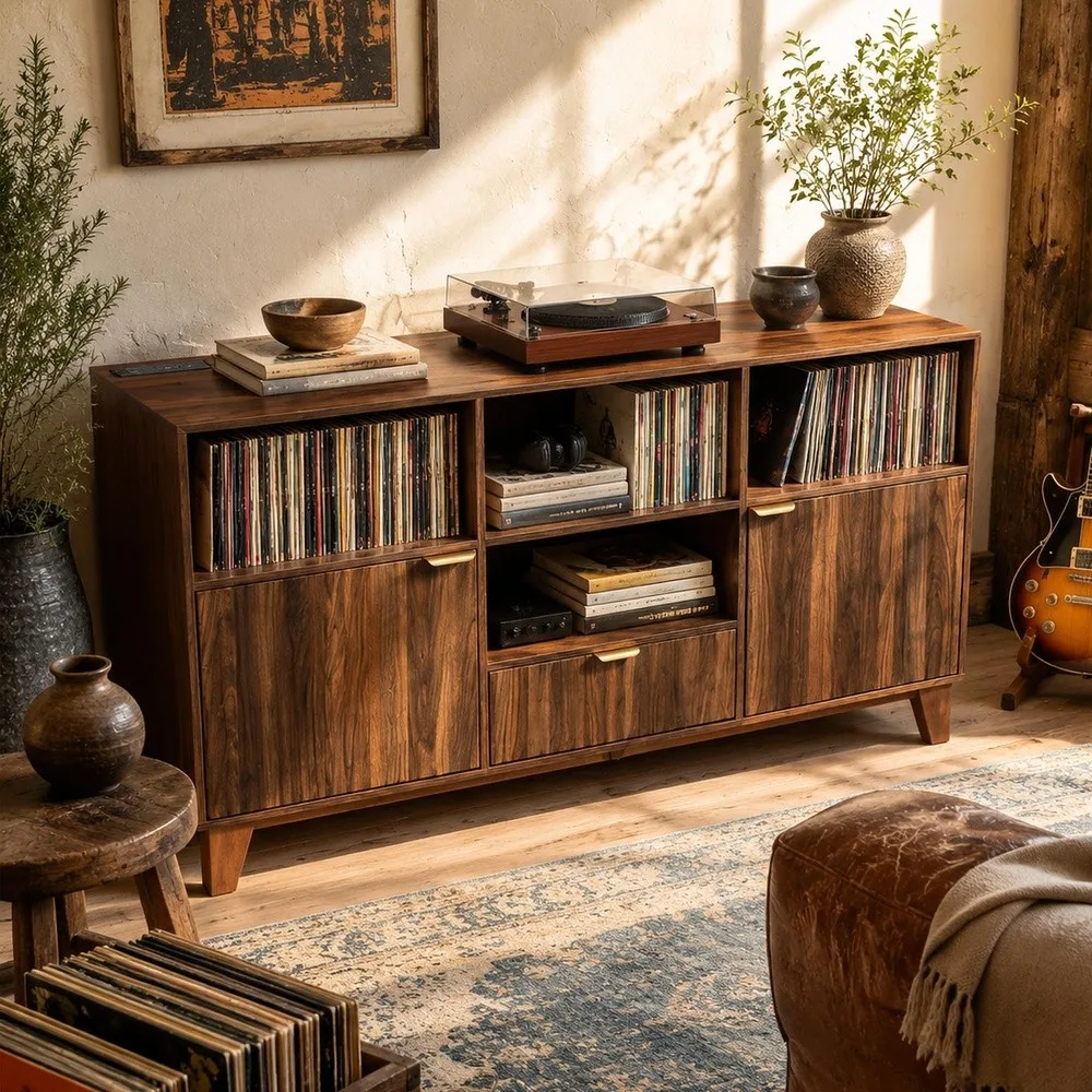Large Record Player Stand with Vinyl Storage Mid Century Modern Turntable Cabinet with Charging Station & Power Outlet