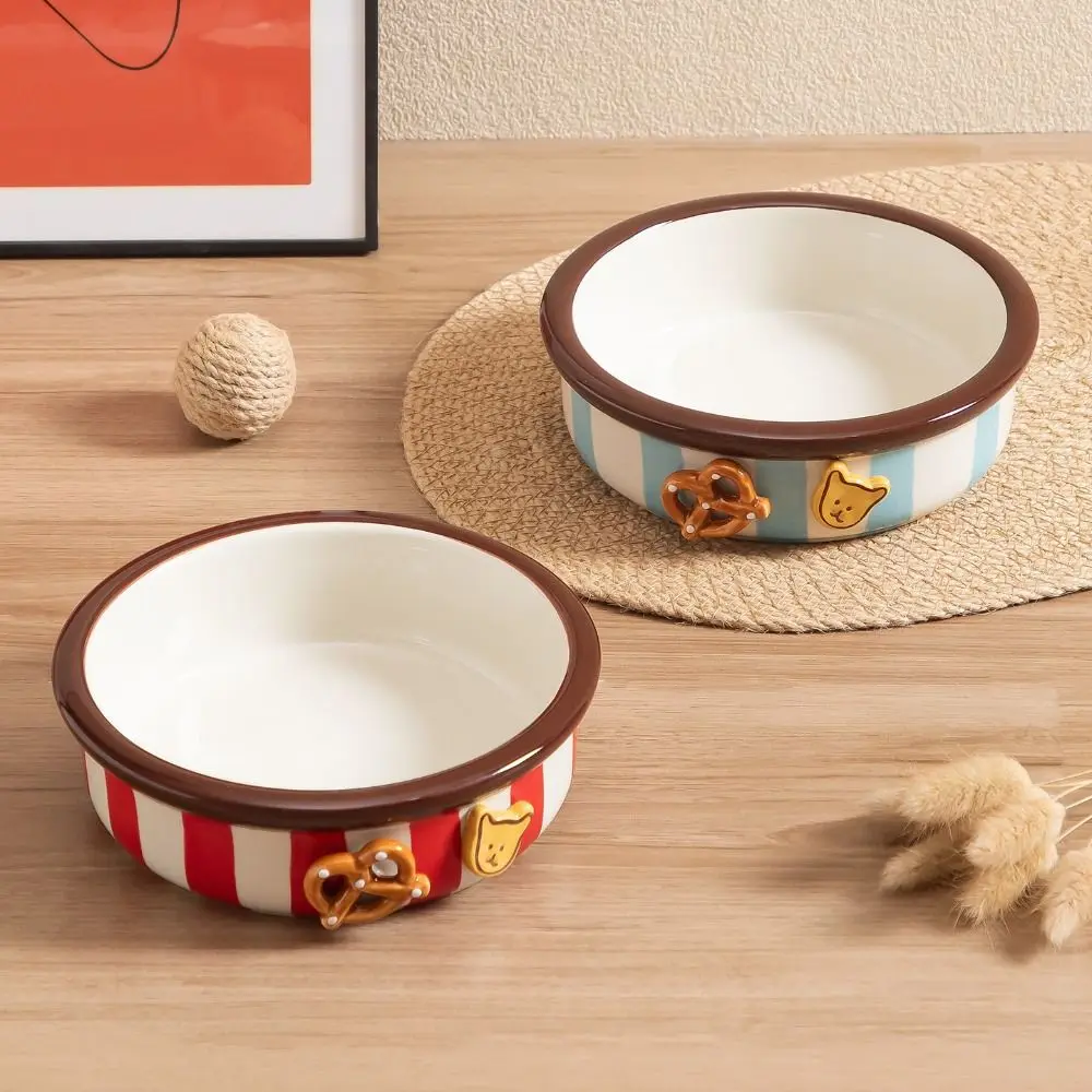 

Sturdy Anti-slip Dog Ceramic Bowl Handmade Anti-Spill Kitten Food Basin Thicken Stripe Pet Water Feeders Dogs