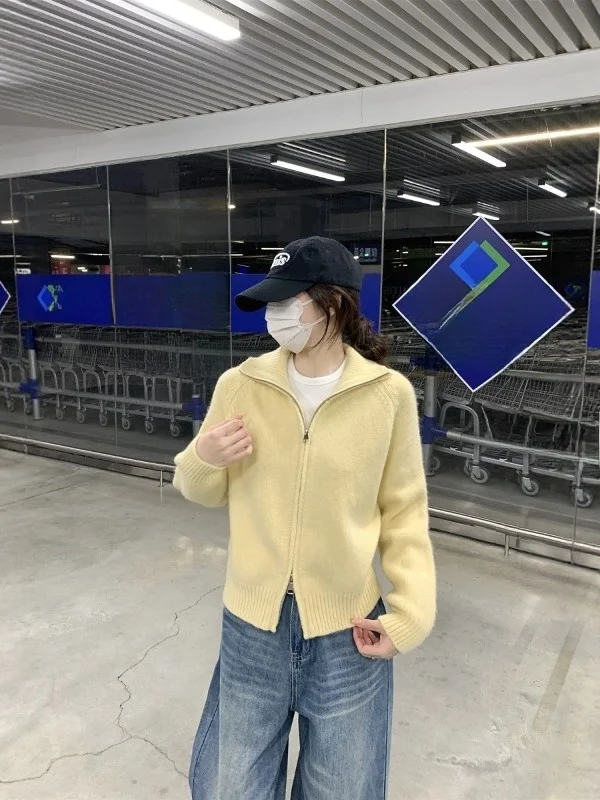 

Корейский стиль: Вязаный кардиган с двойной молнией и воротником-стойкой, женский, ранняя весна 2026, свободный повседневный свитер-жакет, базовая модель.