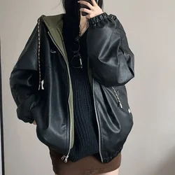 Autumn and winter retro American lazy PU leather baseball jacket for men and women, trendy  casual style hooded jacket