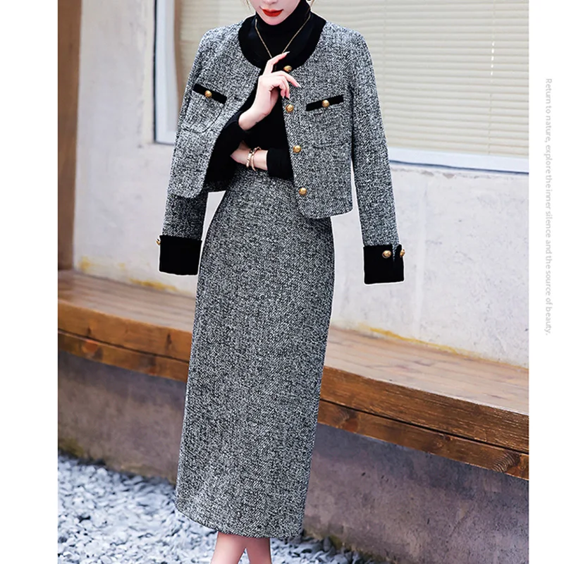 ZJYT Autumn Winter Elegant Women Tweed Woolen Jacket Suit with Skirt 2 Piece Set Vintage Outfit Office Lady Party Dress Sets Red