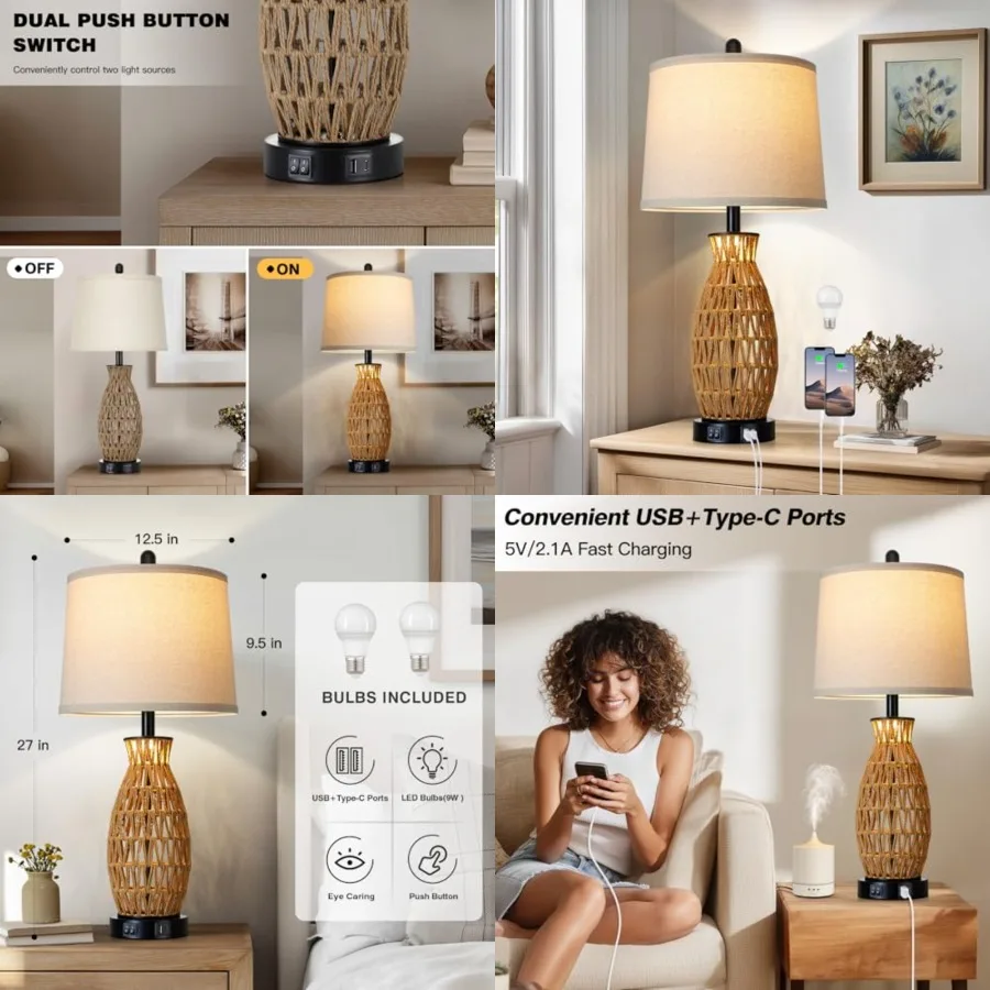 

27" Boho Table Lamp Single with Night Light, Handwoven Wicker Bedside Lamp with USB A+C Charging Port, Woven Coastal Bedroom La