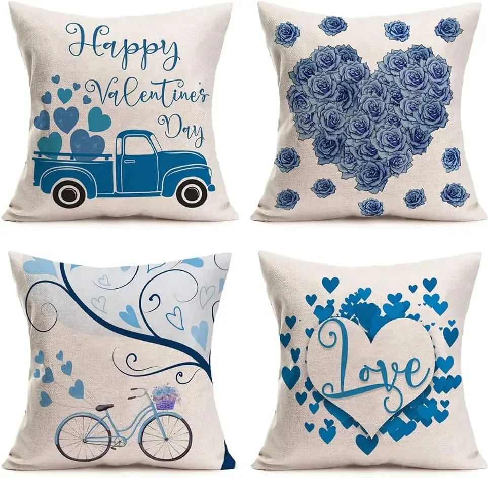 Throw pillowcase Happy Valentine's Day Decorations Cushion Cover Heart-shaped Rose Truck Bicycle Pillowcase 4 Pack