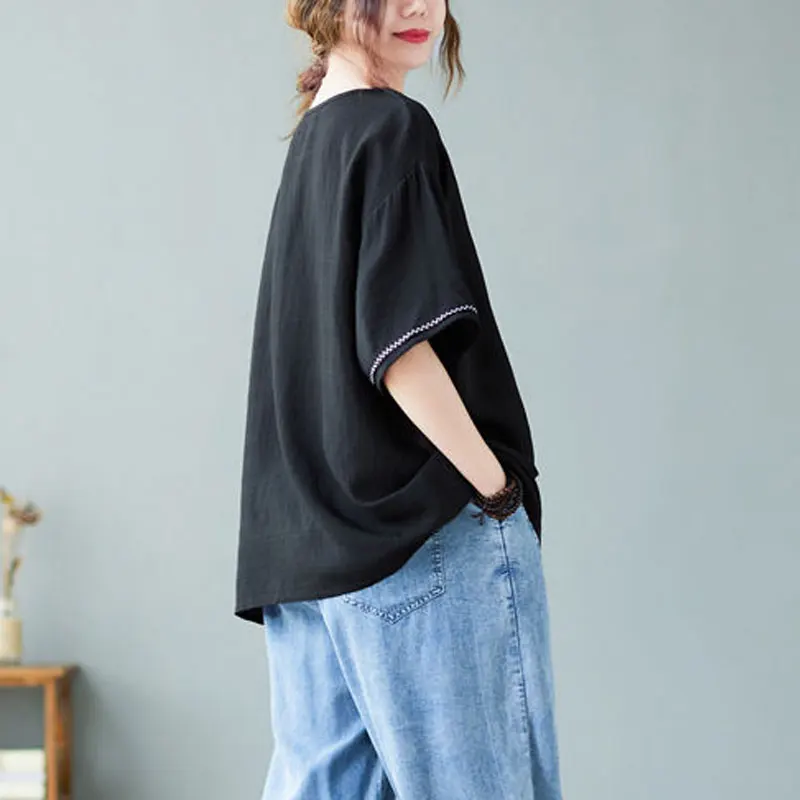 Casual Short Sleeve Pullovers Summer Thin All-match O-Neck Female Clothing Stylish Bright Line Decoration Loose Spliced T-shirt