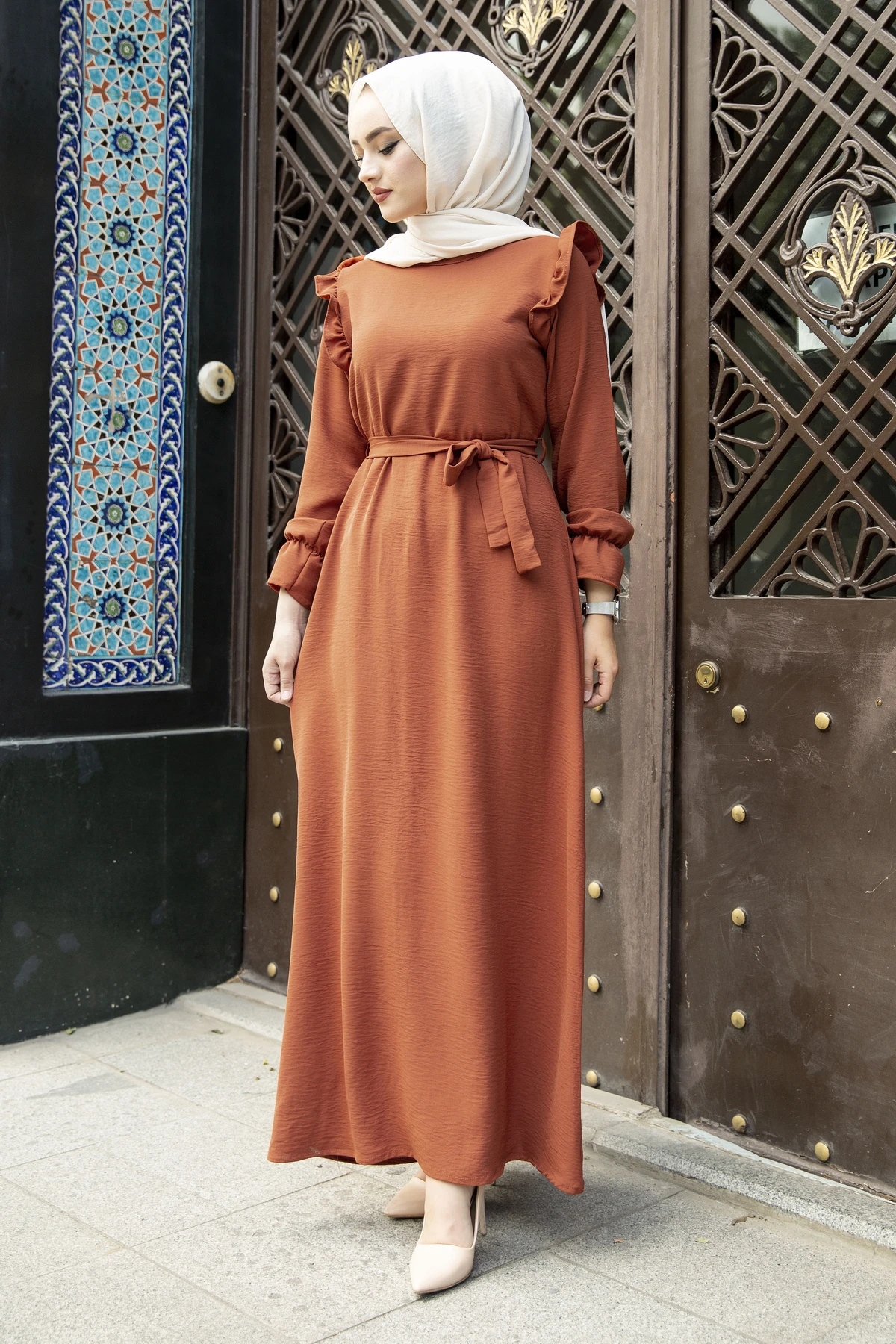 Waist Belted Shoul Frilly Dress NY-Tile Winter Autumn 2021 Muslim Women Hijab headscarf Islamic Turkey