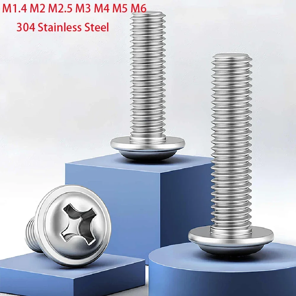 10-200pcs  M1.4 M2 M2.5 M3 M4 M5 M6 304 Stainless Steel Phillips Pan Round Truss Head With Washer Collar Screw Cross Bolt PWM