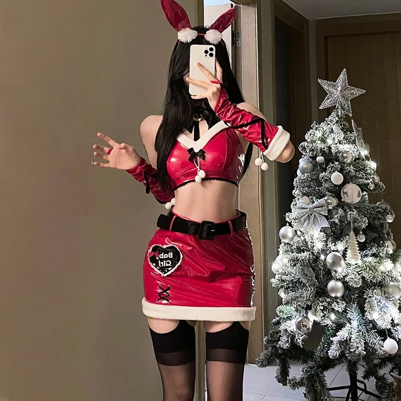

Женское нижнее белье, сексуальный обтягивающий лакированный кожаный рождественский корсет, юбка, костюм кролика, соблазнительный костюм на Хэллоуин, косплей