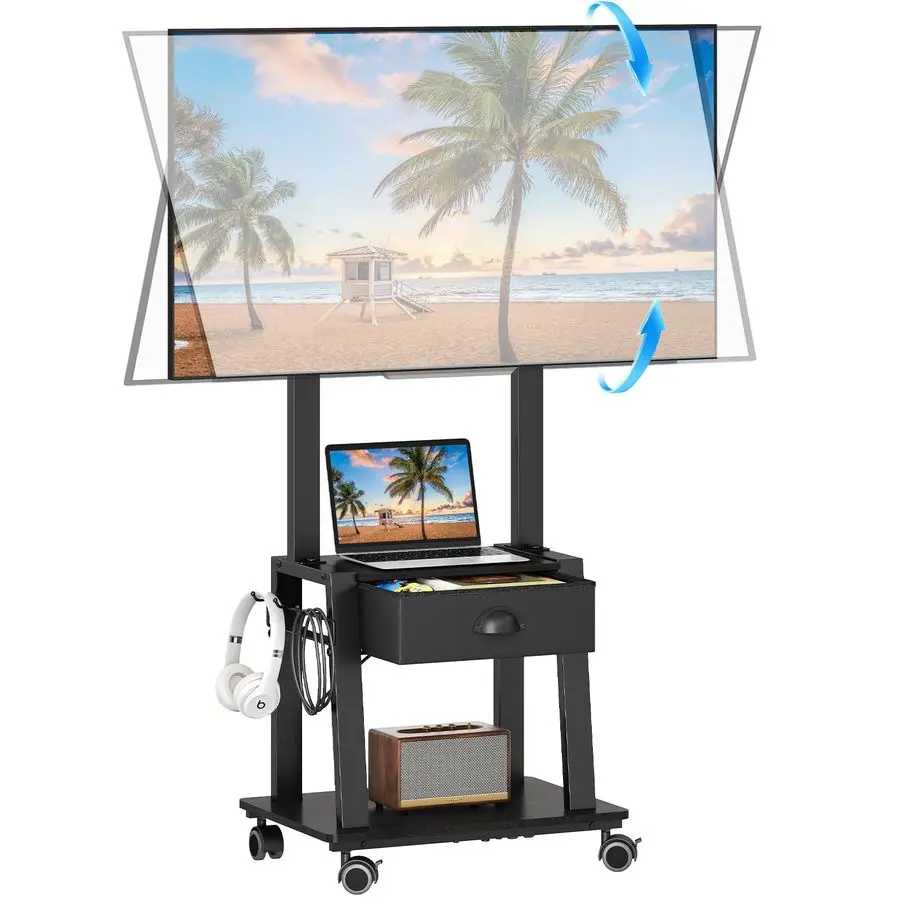

TV Stand with Drawer for 2360 Inch Flat Curved Screen,Tilt Rolling TV Cart on Wheels with 2 Shelves Adjustable Height Portable T