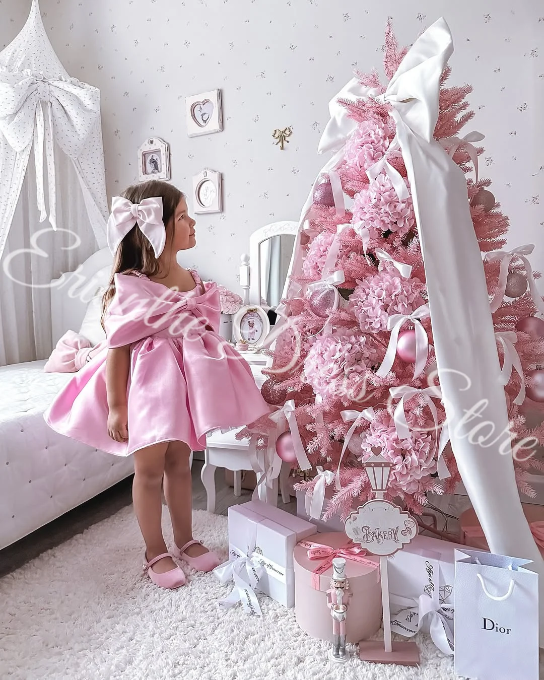 Lovely Customized Pink Satin Flower Girl Dress for Wedding Off Shoulder Princess Kids Birthday Party First Communion Ball Gowns