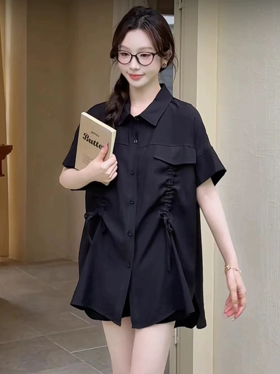 

plus Size Casual Shirt Women Summer Pure Color Thin Breathable Pleated Tie Waist Casual Shirt Loose Fit Short Sleeve Collar