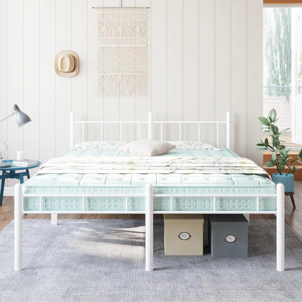 إطار سرير بحجم كوين مقاس 14 بوصة لا حاجة إلى صندوق زنبركي، منصة معدنية مع لوح أمامي ولوح للقدمين، شرائح شديدة التحمل تدعم سهلة الاستخدام