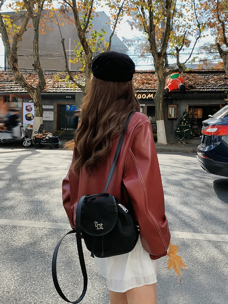 American Sle Streetwear Red Leather Jaet Damen Casual Ort Länge Cool Sle Frühling Herbst Baseball orm Ledermantel