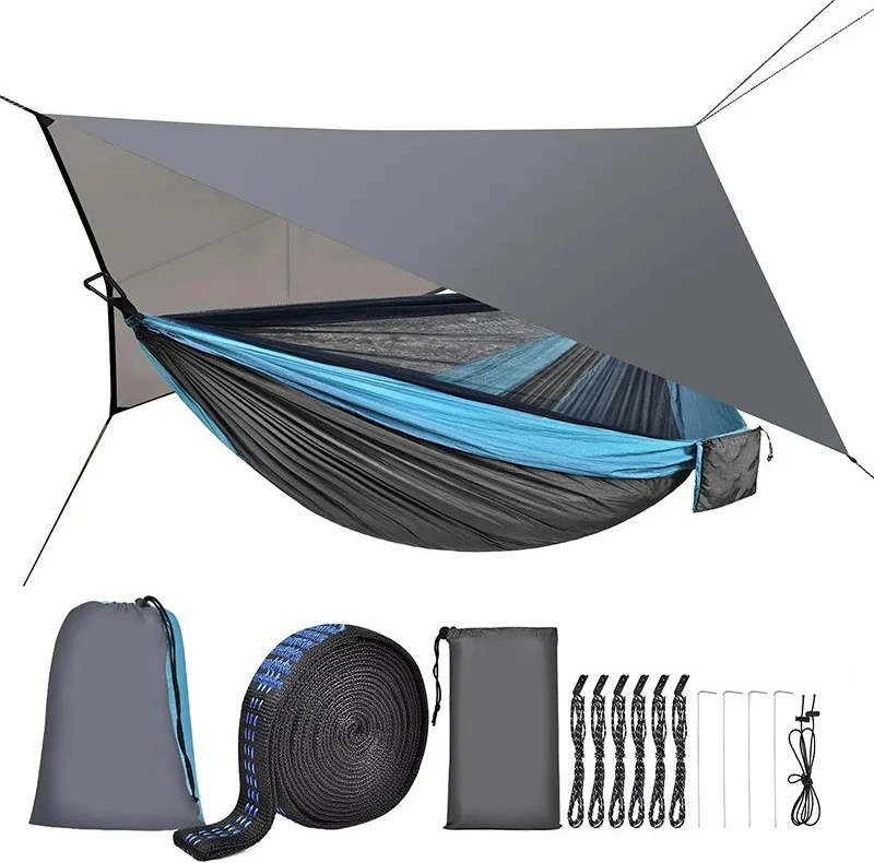 Portable Single Double Hammock with Mosquito Net Waterproof Tarp Green Patio Indoor Leisure Tree Shelter
