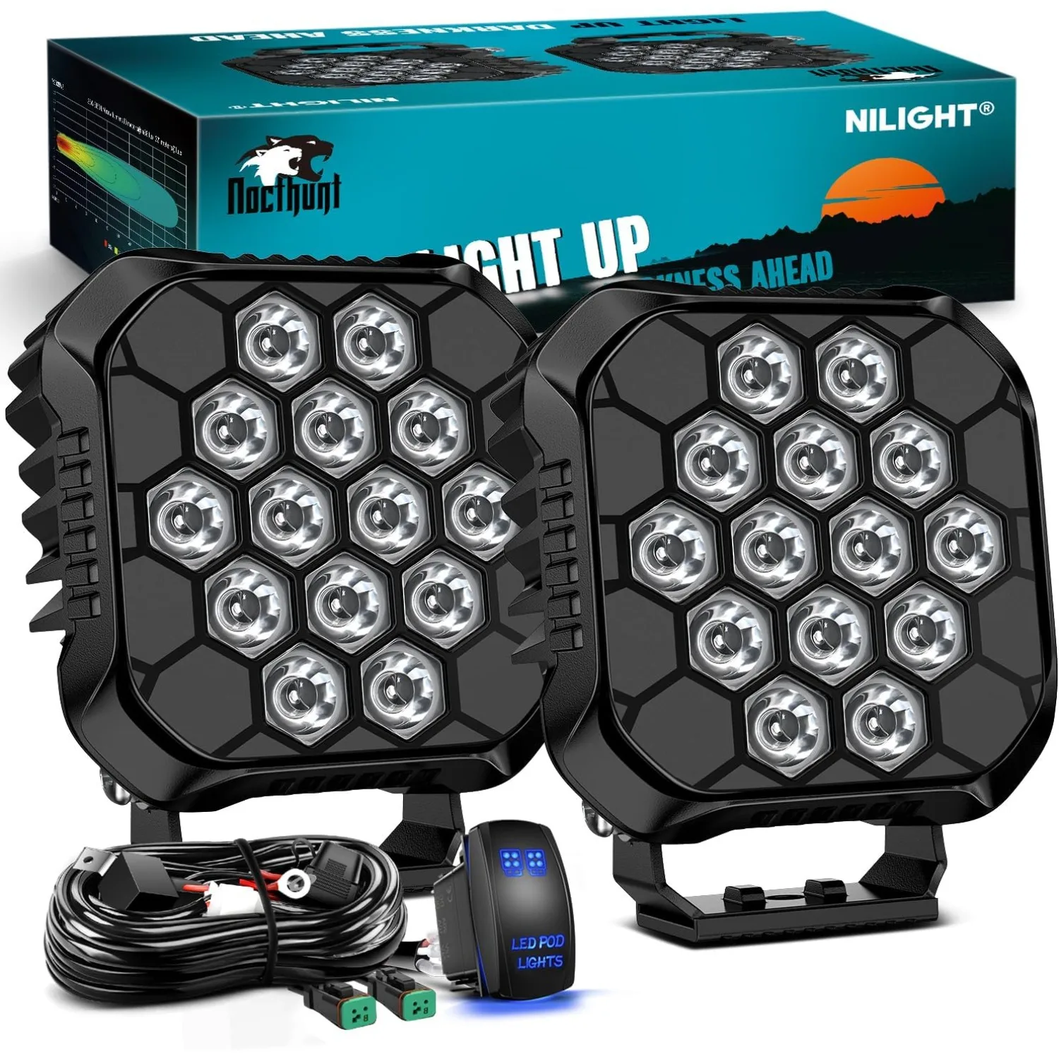 

Nilight 4.4" 14LED Spot Pods w/Wiring Kit Square Hyper Spot Beam Offroad Driving Lights w/14 AWG Rocker Switch for ATV UTV Boat