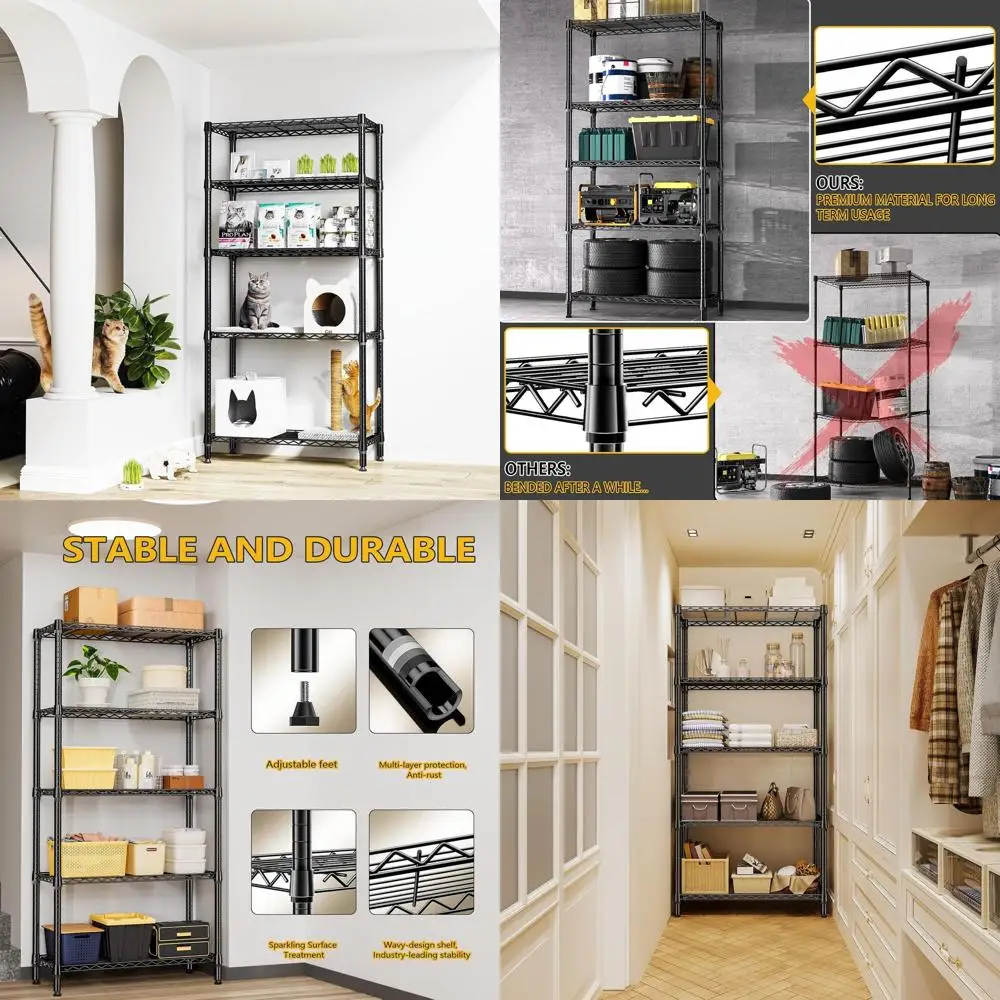 

Heavy-Duty 5-Tier Metal Shelving Rack for Garage, Kitchen, and Laundry - Black, 15.7x33.5x68.5