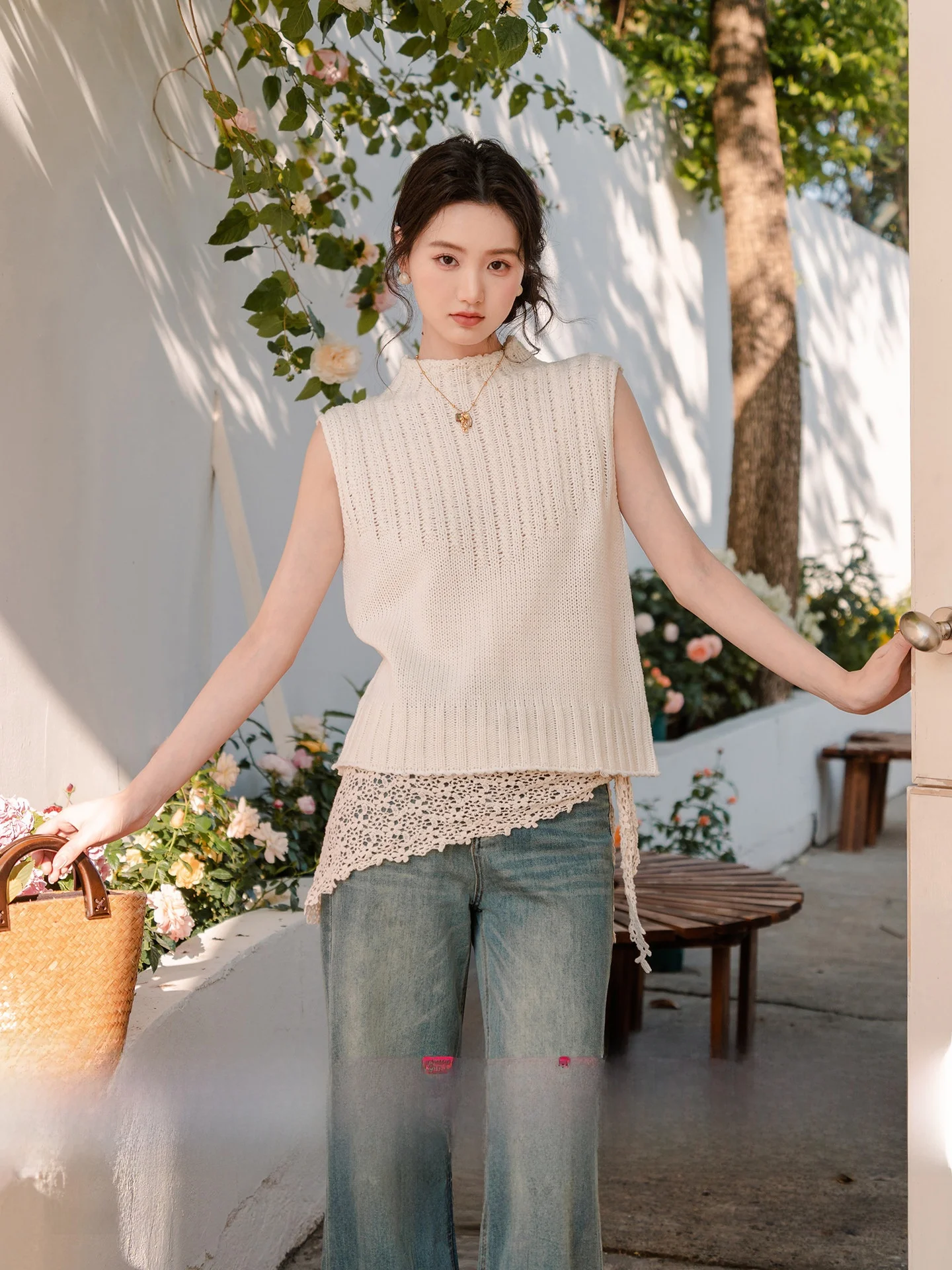 

Простой однотонный вязаный жилет с высоким воротником, облегающий, с отворотом, 20NEW2026, весна-лето, новинка, женская одежда