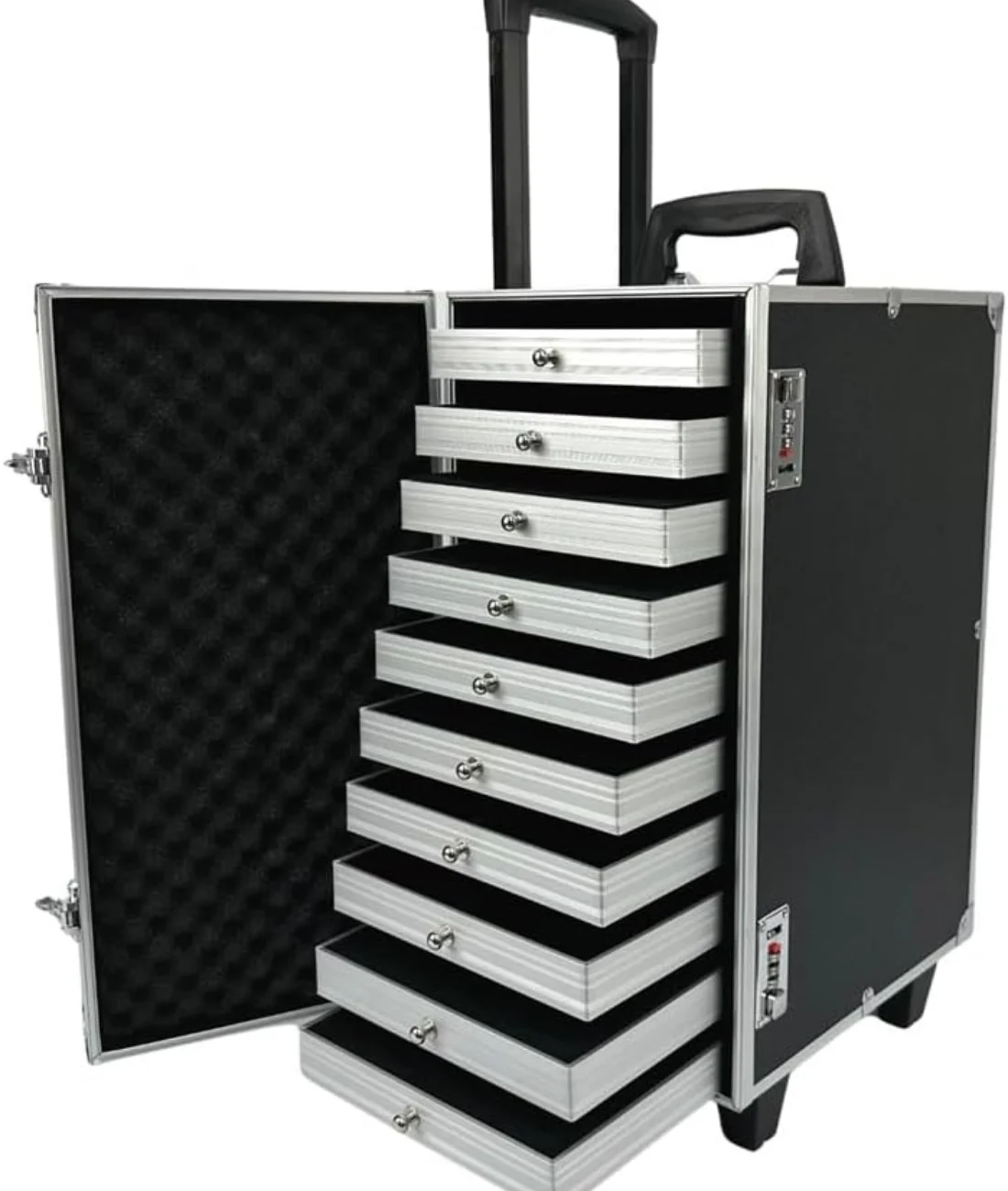 

Rolling Jewelry Trolley Case with Drawers Sturdy Case for Travel and Vendor Showes Jewels Sets Display Organizer (Black)