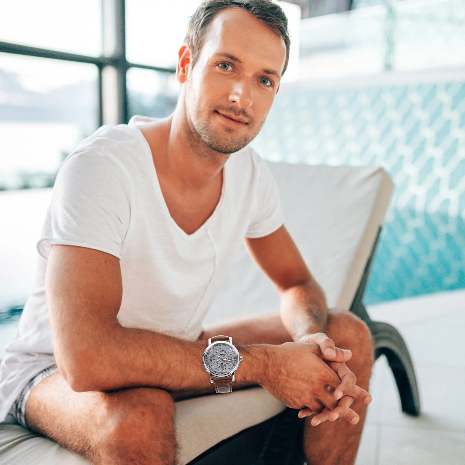 

Automatic Mechanical Watch Men'S Wristwatch Pu Stainless Steel Band White Brown Waterproof Daily Wear Timepiece