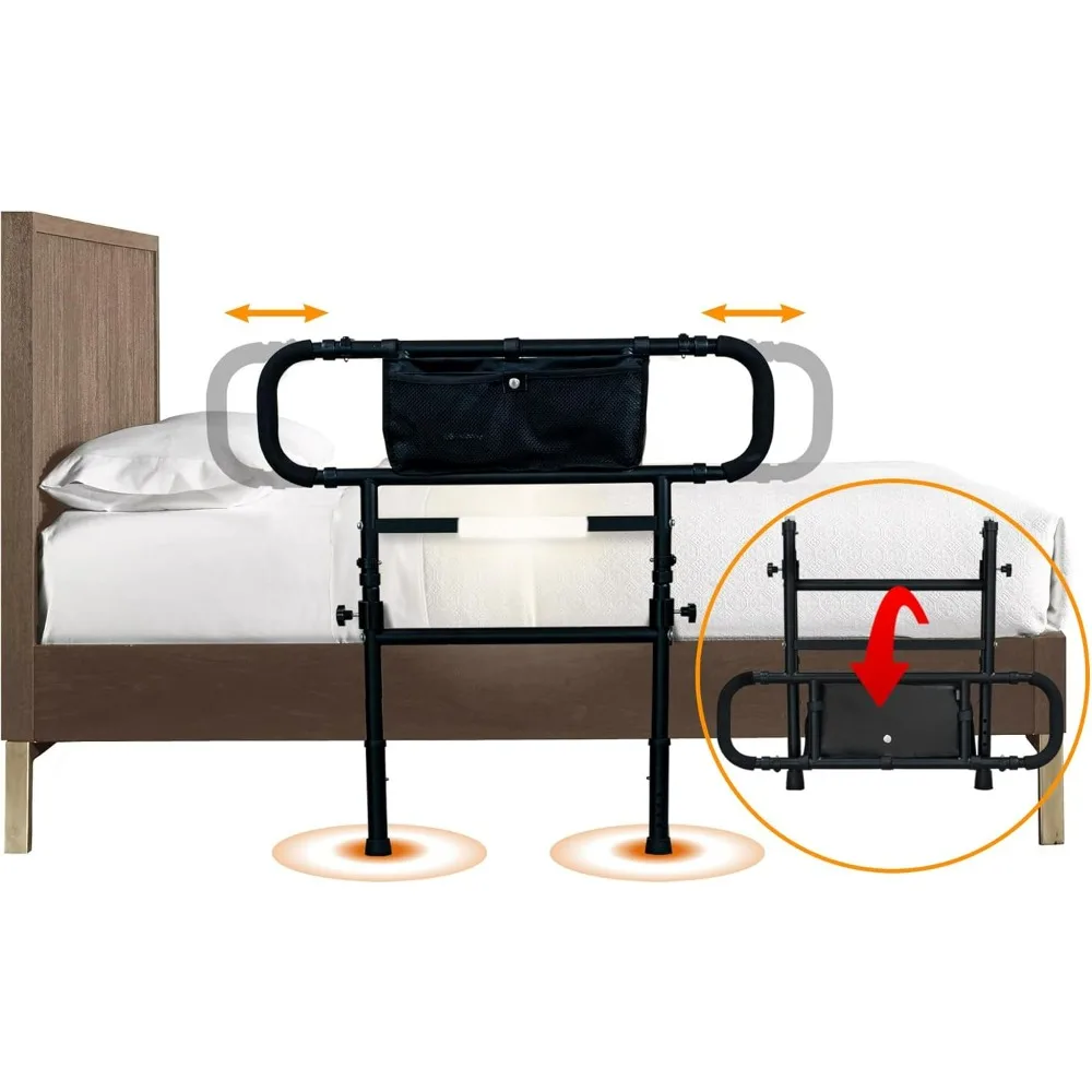 Adjustable Bed Rails for Elderly Adults Safety with Motion Light,Foldable Heavy Duty Bed Rail with Extended Grab Bar,Pouch Bag