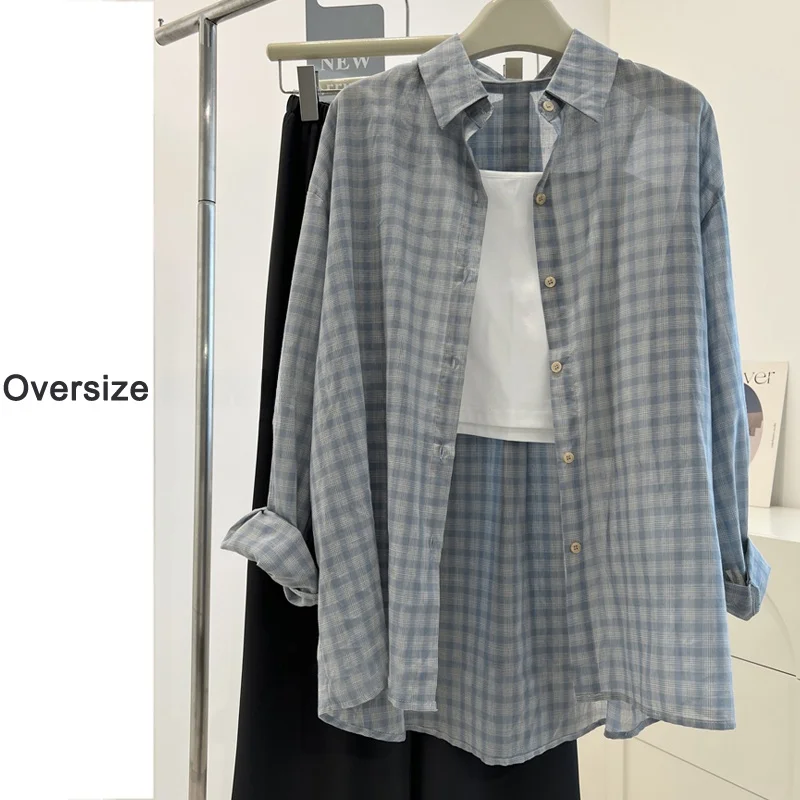 plus Size Women's Vintage Pure Cotton Plaid Long Sleeve Shirt Spring Autumn Loose Casual Korean Style Outerwear Casual Shirt