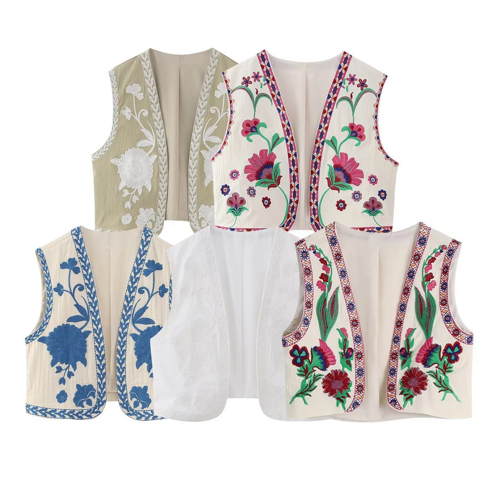 Women Vintage Embroidered Crop Vest Top Y2K Boho Floral Sleeveless Open Front Cardigan Flower Linen Vest Waistcoat Gilet Outwear