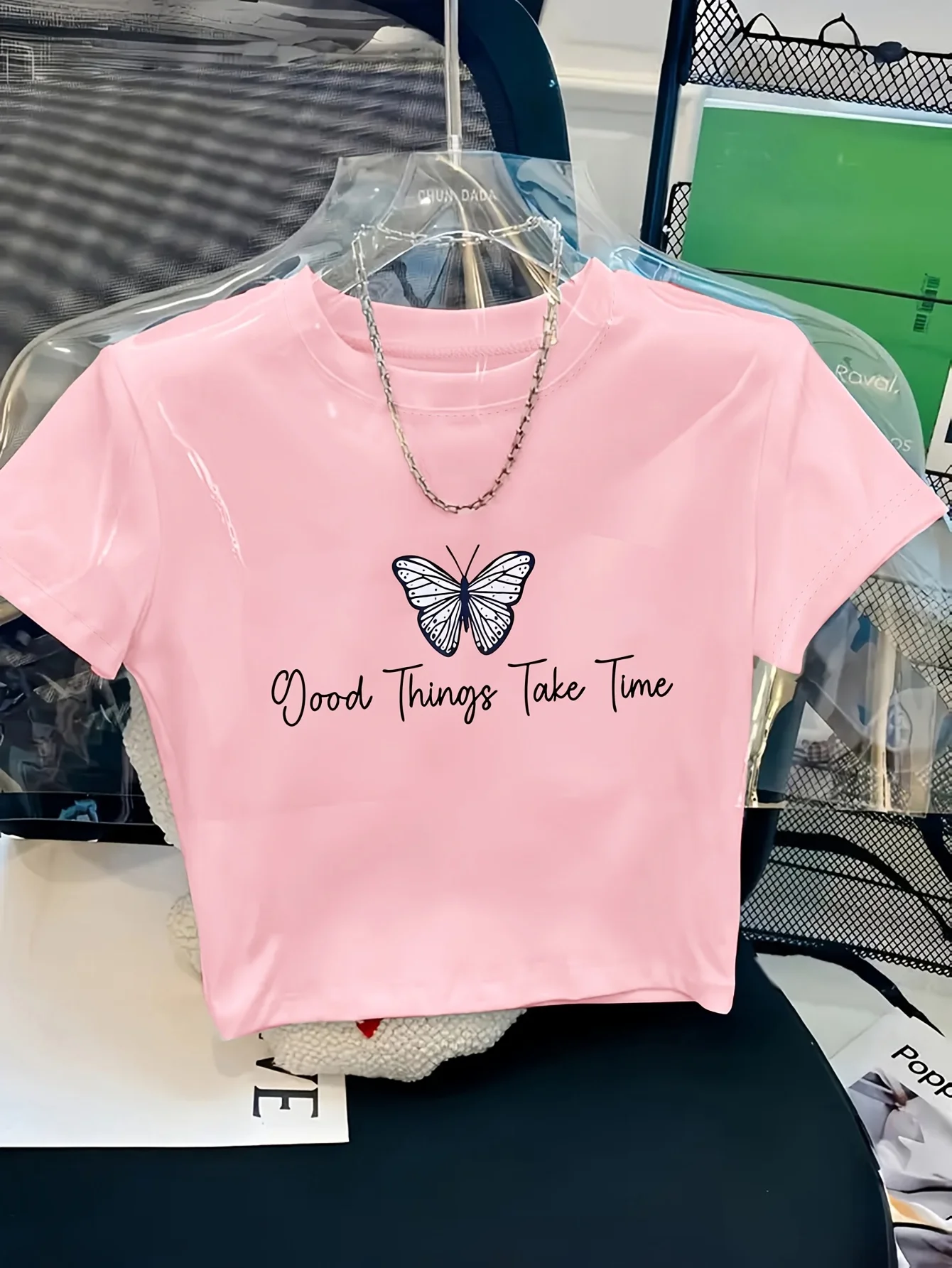 Women's Short Sleeve Crop Tops Butterfly Print with Good Things Take Time Text Round Neck Super Short Cropped T-Shirt Sexy Femme