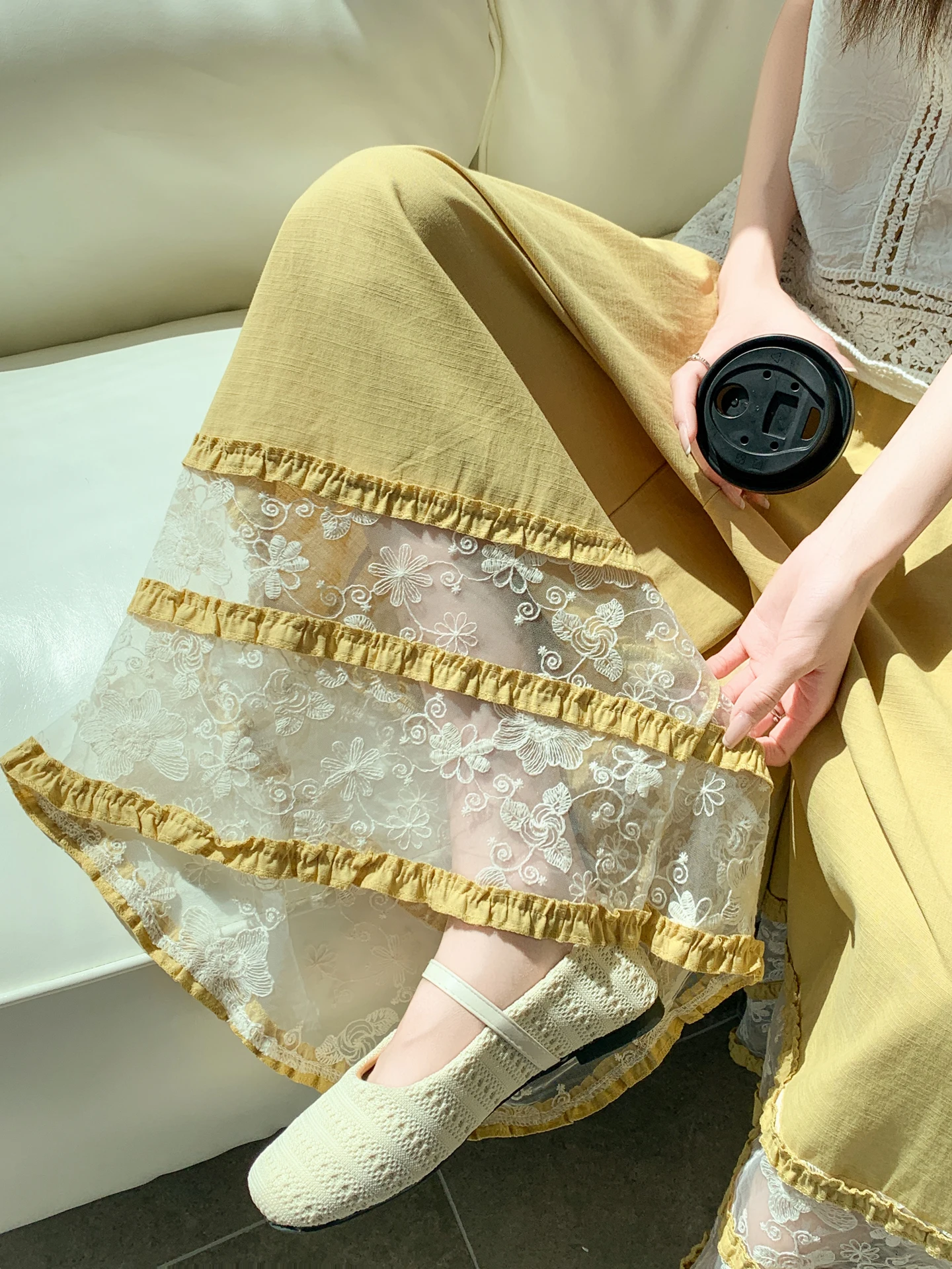 

Ice Silk Cotton Linen Wide Leg Pants Women Summer Thin Small High Waist Draped Lace Hollow out Wood Grain Nine Points Pa...