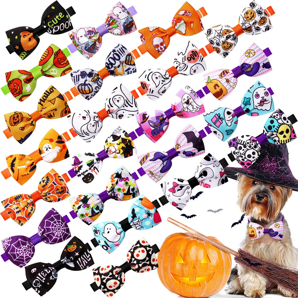 

10PCS Cartoon Ghost Print Dog Bow Ties Party Halloween Dog Bowties Collars Adjustable Pet Collars For Dogs and Cats Accessories