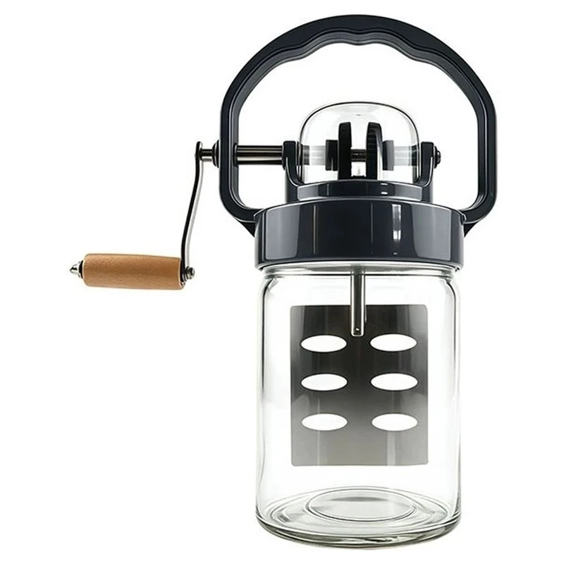 L60A Manual Glass Butter Mixer With Wooden Handle, Manual Masons Jar Butter Mixer, Hand-Cranked