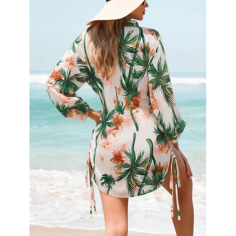 Western Women's Casual Fashion Tropical Print Vacation Beach Hem Drawstring Short Dress