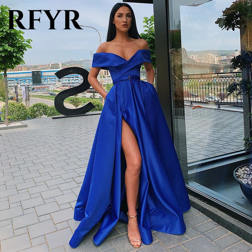 

RFYR Royal Blue Off Shoulder Wedding Party Dress Elegant Sexy Celebrity Dress Stain A Line Special Occasion Dress robes du soir