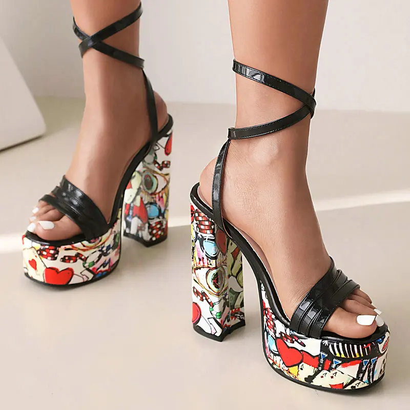 Colorful Print Cover Heel Block Heels Open Toe Women Sandles Ankle Wrap Party Dress Shoes Fashion Sexy Ladies Heeled Sandals