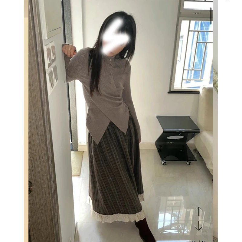 Herbst Winter Hohe Taille A-Linie Midi Rock Spitze Trim Vertikale Streifen Retro Vielseitig Hohe Elastici f-länge Rock