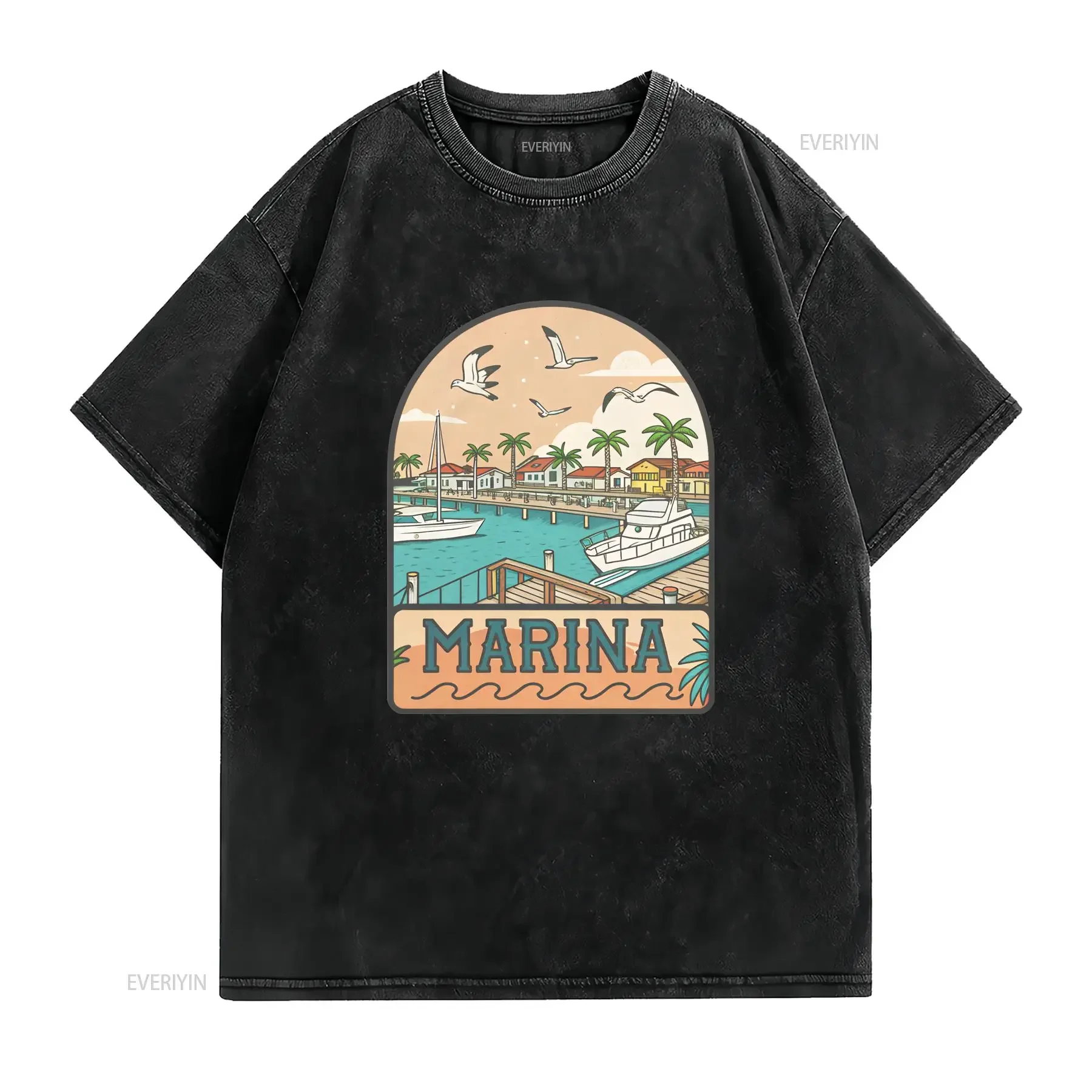 Marina Everyday Location Building Place T Shirt vintage Washed Slightly Soft Breathable Top For Everyday Wear Comfortable