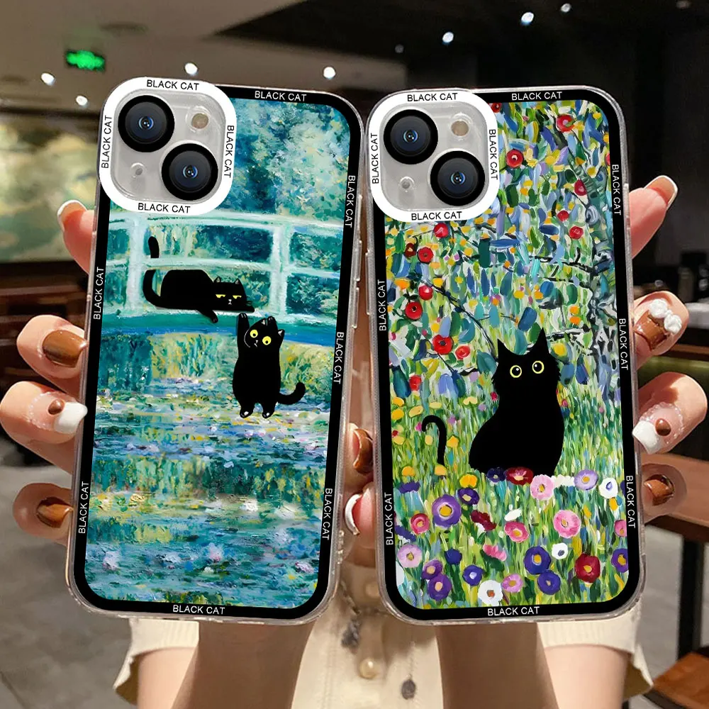 Retro Oil Painting Flower Art Black Cat Phone Case for Samsung Galaxy S24 S23 S22 S21 S20 Ultra Plus FE Soft Covers Fundas Coque